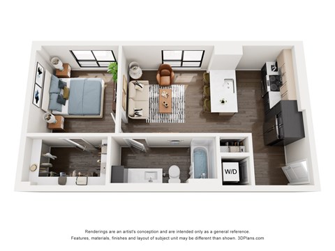 Floor plan for 1 bed, 1 bath, 663 sqft